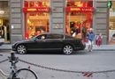 A Bentley in front of the Ferrari store