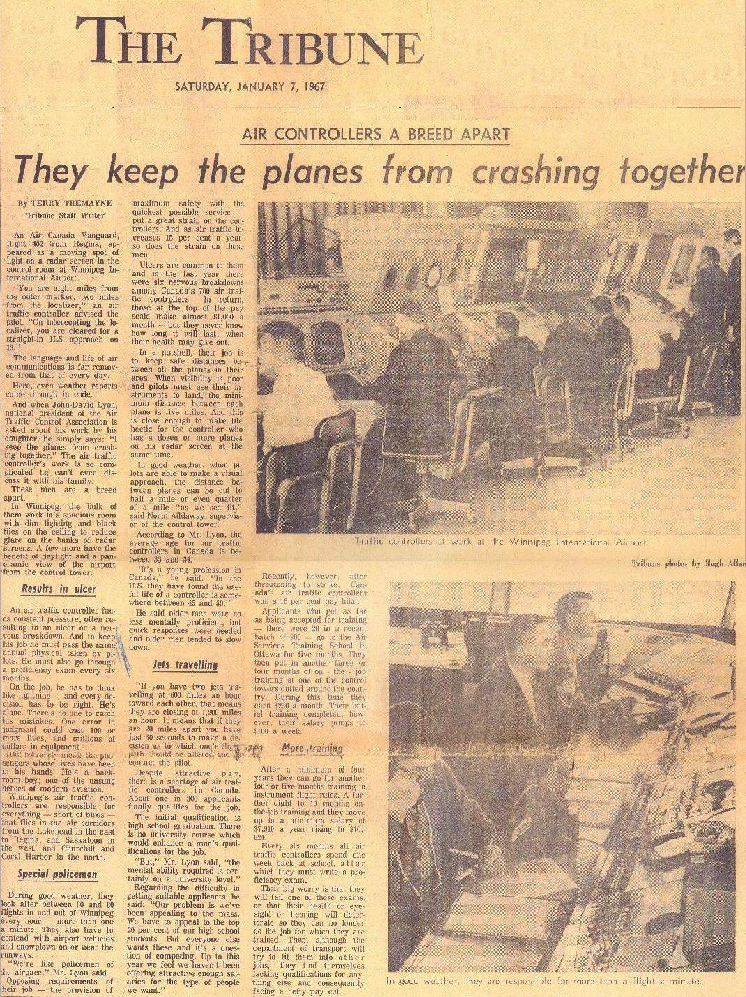 1967 - Winnipeg Tribune article (left mouse click for large image)
